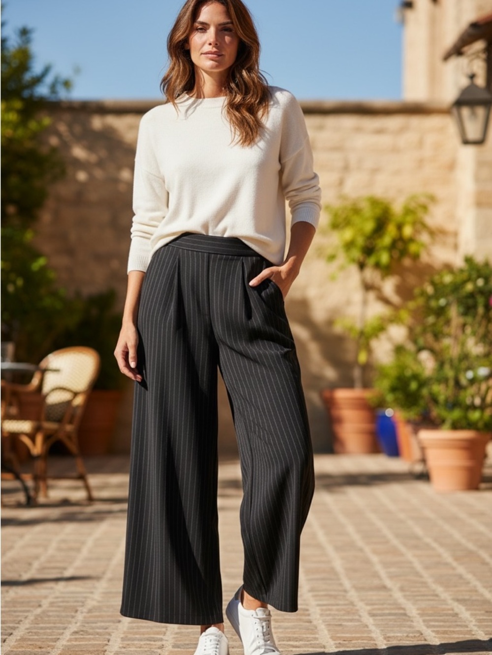 Max Studio Black Pinstripe Wide-Leg Cropped Trousers